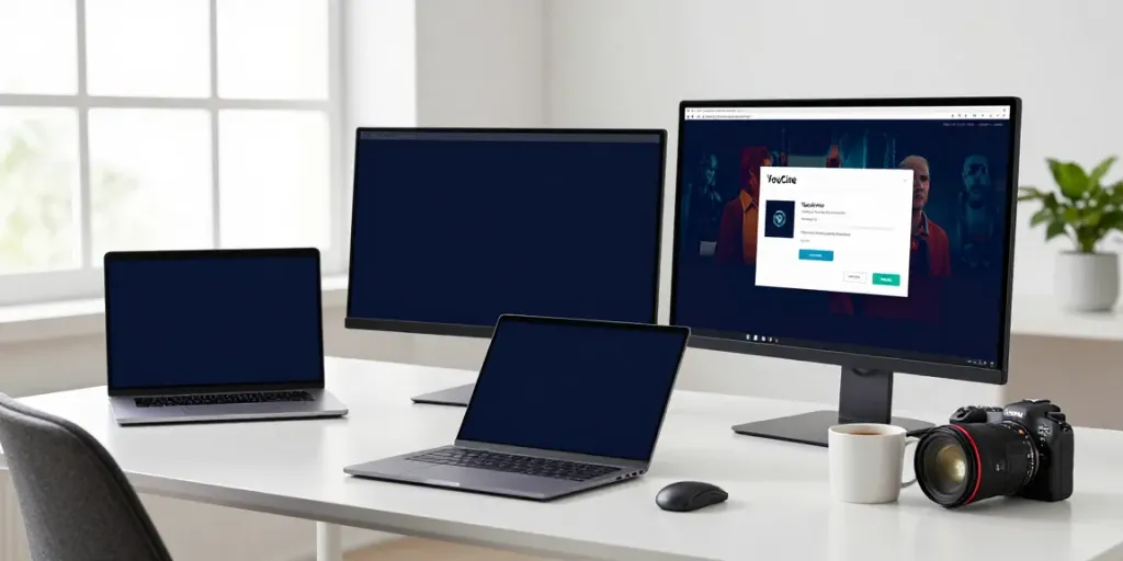Desenvolvedor usando o Youcine Para PC em um ambiente de trabalho moderno e organizado.