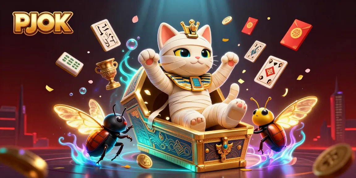 PJOK casino illustration with Egyptian mummy cat and glowing elements showcasing exciting gaming themes.