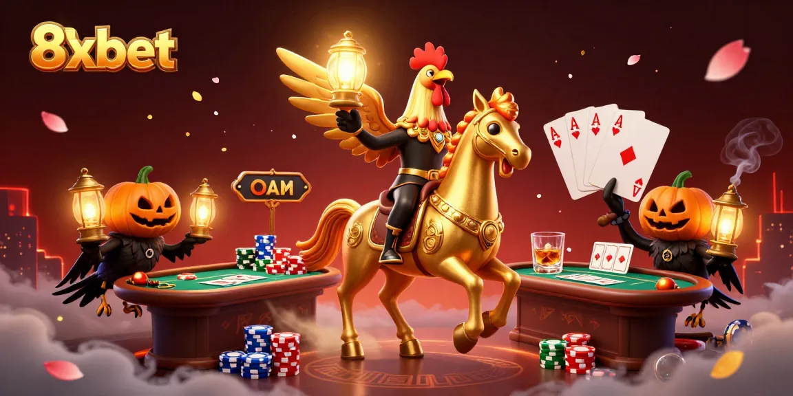 Engage in exhilarating 8xbet gameplay with dynamic casino elements and characters in a richly illustrated scene.