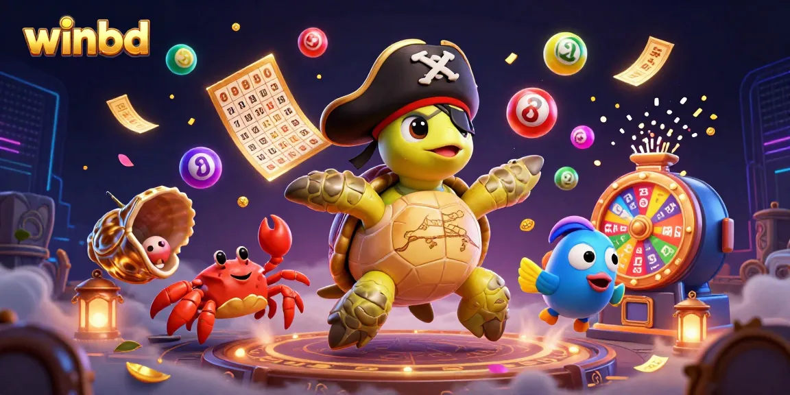 Experience the excitement of winbd with a vibrant 3D casino scene featuring a pirate turtle, crabs, and colorful lottery elements.