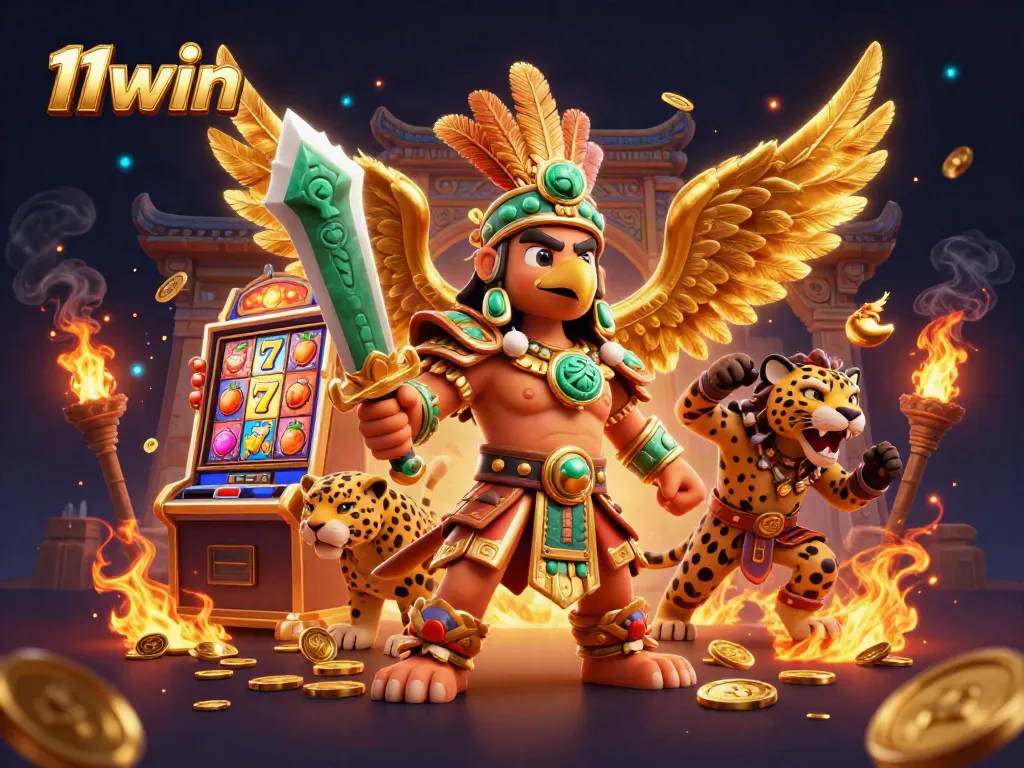 Experience thrilling gaming adventures with 11win's Aztec warriors in a dynamic casino scene.
