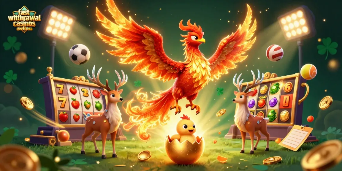Engage with fast withdrawal casinos online through an exciting 3D casino scene, featuring a phoenix and vibrant gaming elements.