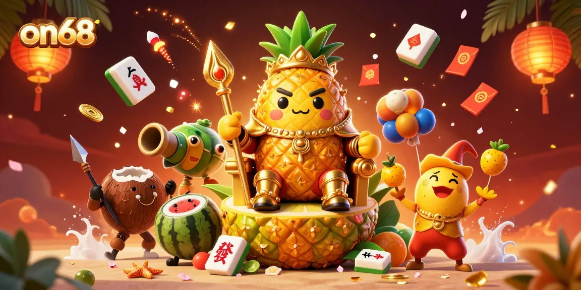 Experience vibrant gaming thrills at ON68 with the golden pineapple king and festive casino elements.