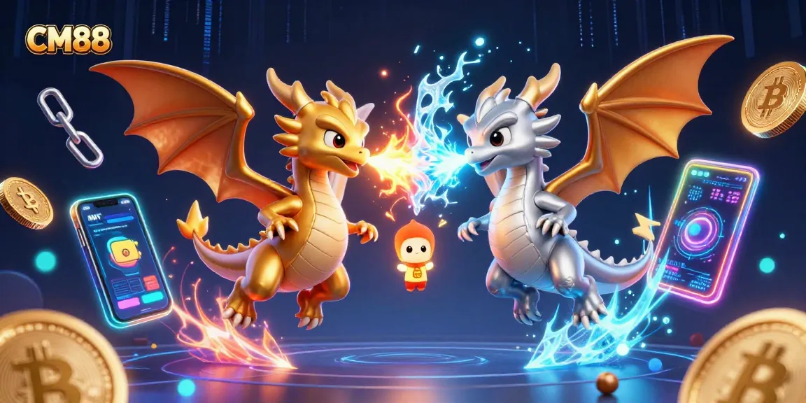 Engage in thrilling games at CM88 with vibrant dragons, crypto coins, and dynamic gaming elements.