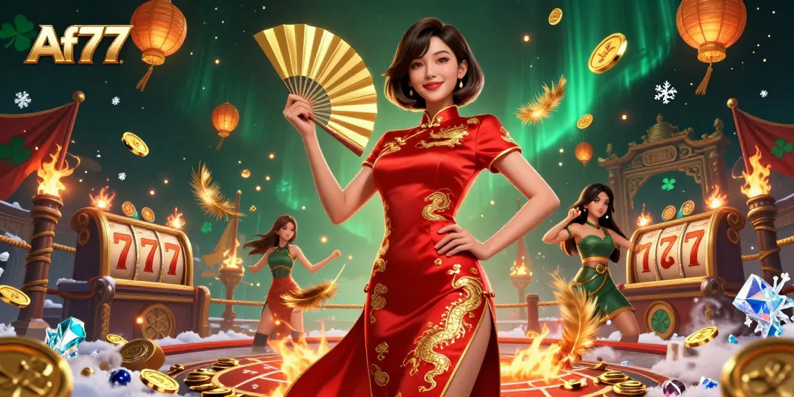 Play innovative games at Af77 with a beautiful Asian woman in traditional attire amidst swirling coins and vibrant energy.