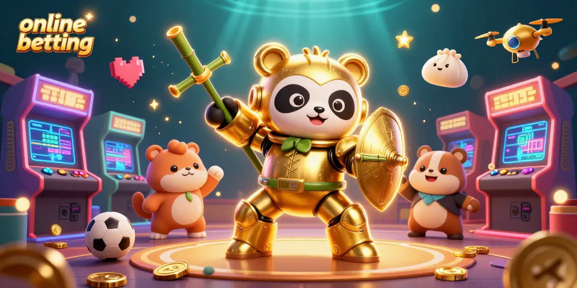 Engage in online betting with a vibrant scene featuring a golden panda in a mech suit, cheering spectators, and interactive game elements.