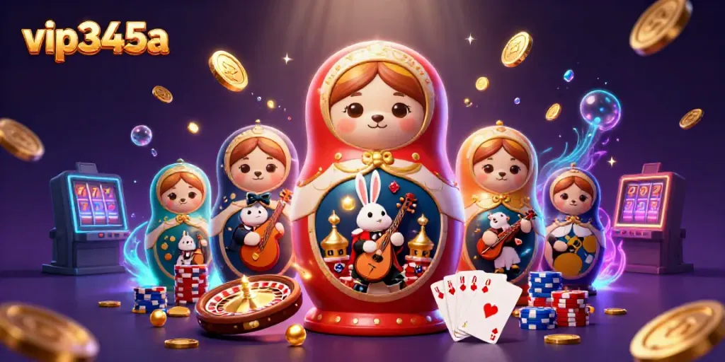 Engage with the vibrant excitement of vip345a as colorful dealer bears and a serenading rabbit celebrate in a lively casino.