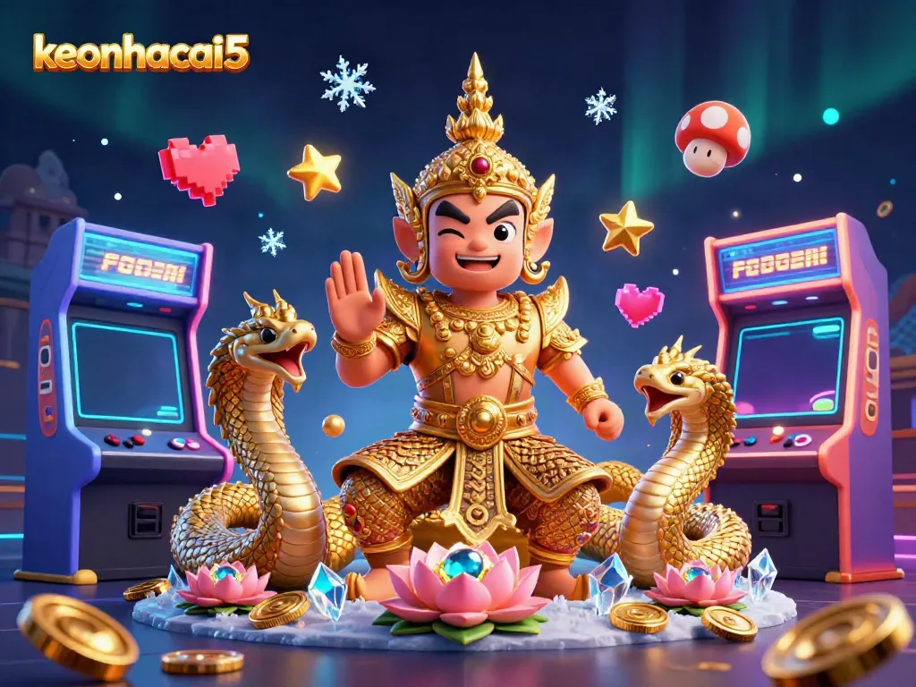 Engage with keonhacai5's vibrant gambling experience featuring a Thai guardian and glowing arcade machines.