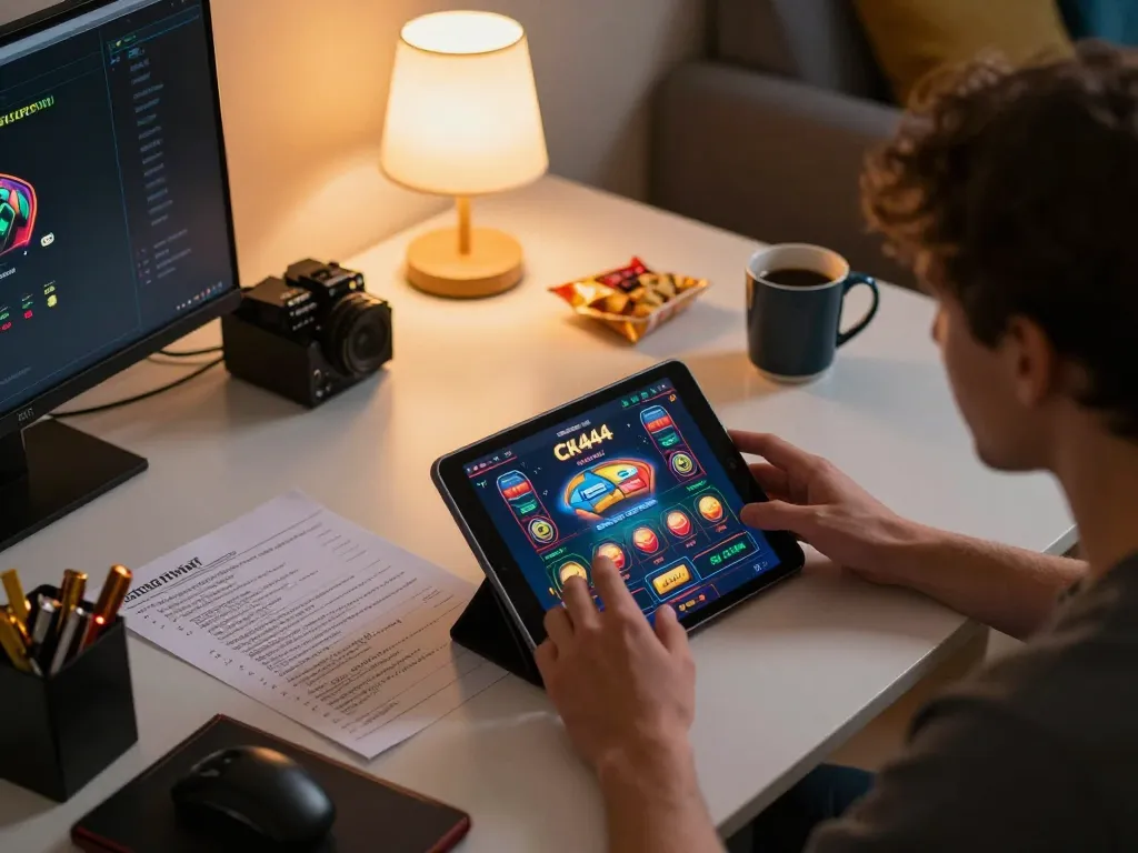 Engaging with CK444 online casino on tablet, cozy home setup with strategic notes and warm lighting.