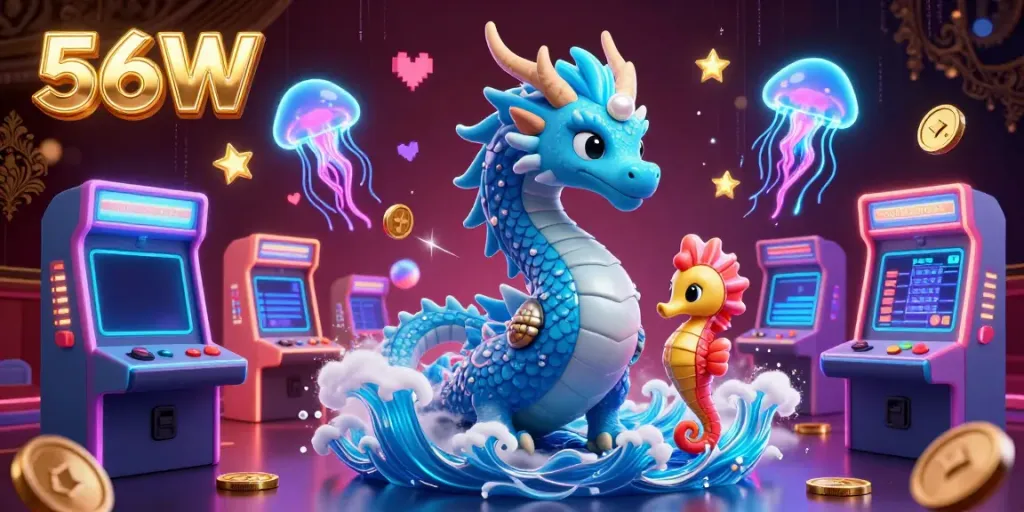 Experience thrilling gaming action with 56W's spectacular 3D ocean dragon and vibrant casino elements.