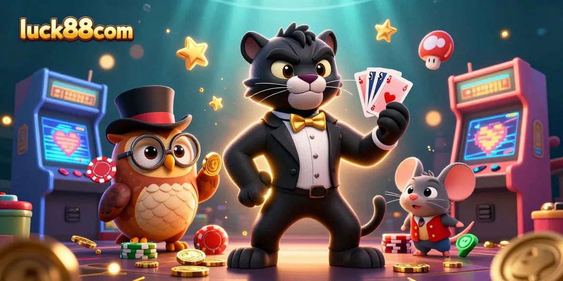 Experience the thrill of luck88com with a vibrant casino scene featuring elegant characters dealing cards and poker chips.