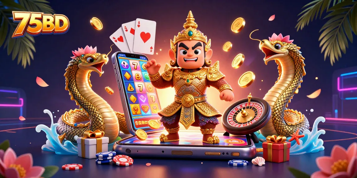 Engage with exhilarating slots and odds at 75BD with vibrant casino elements and a friendly guardian.