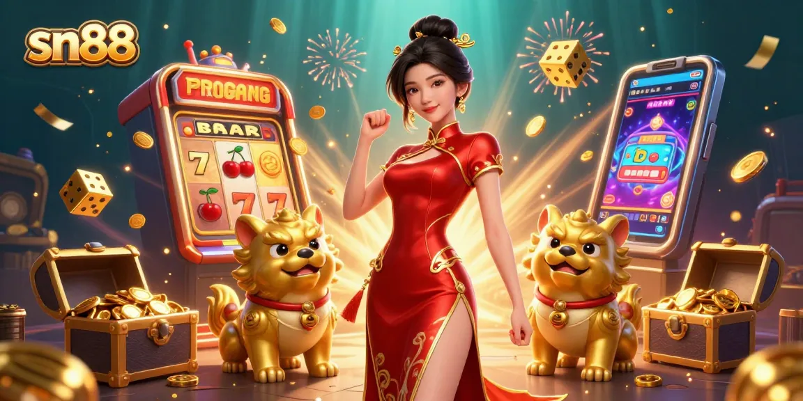 Engage with sn88's vibrant online gaming scene featuring a glamorous Asian woman amidst slot machines and golden treasure.