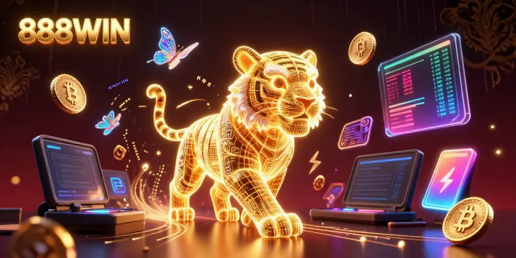 Experience the excitement of 888WIN with a vibrant digital casino landscape featuring a neon tiger and crypto elements.