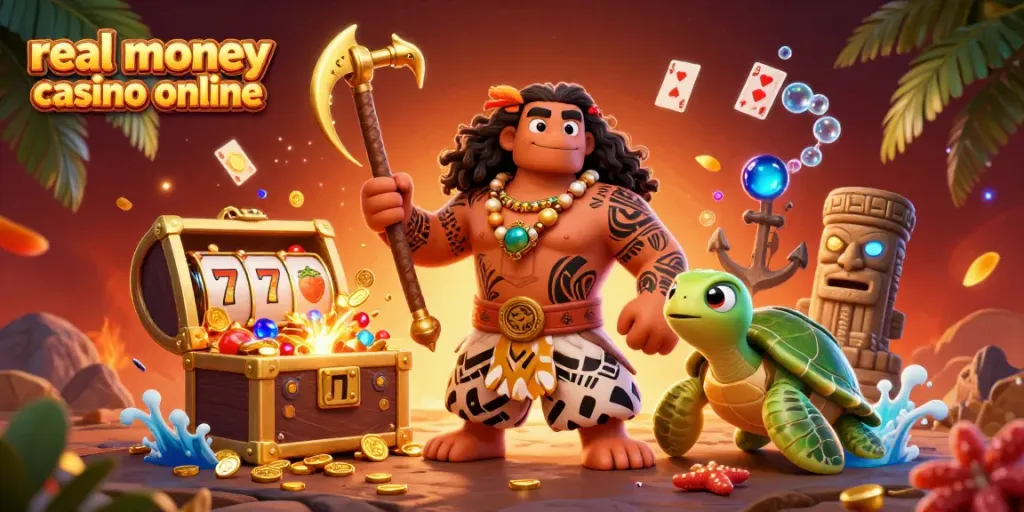 Experience the thrill of real money casino online with a dynamic 3D illustration featuring themed characters and elements.