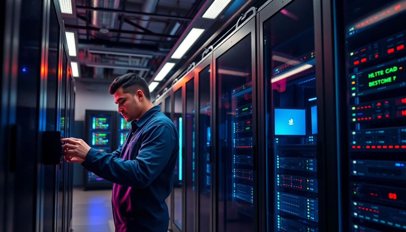 Showcase of advanced adult web hosting technology with a technician in a server room.