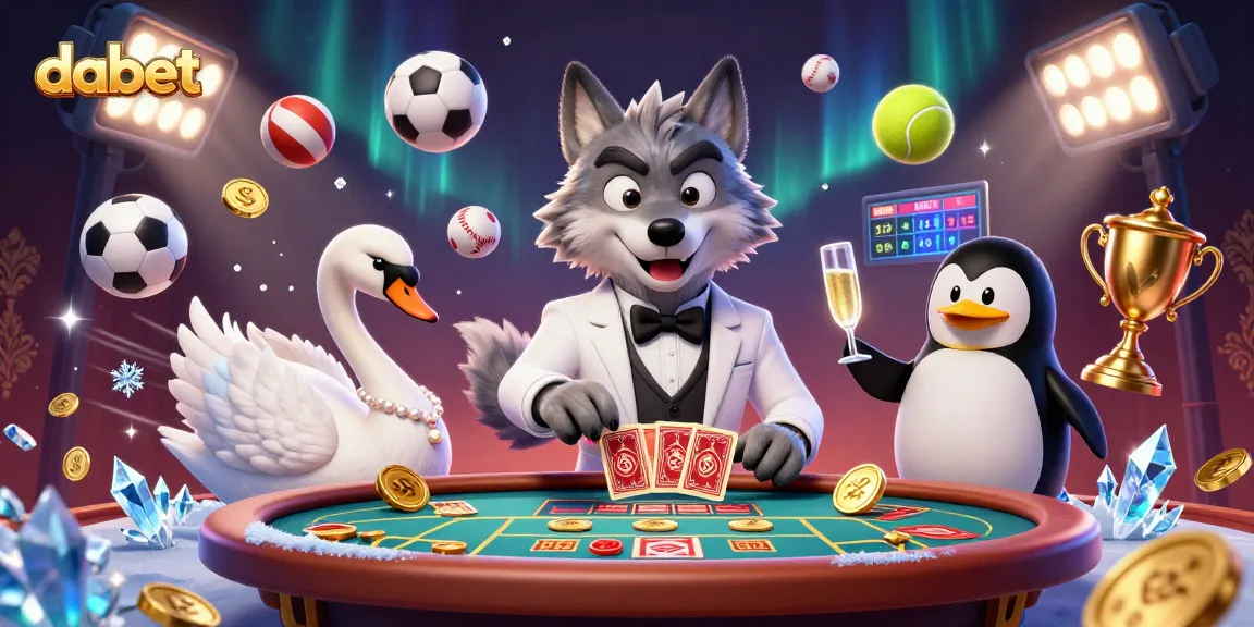 dabet casino scene featuring a debonair wolf, swan dealer, and penguin sommelier at baccarat