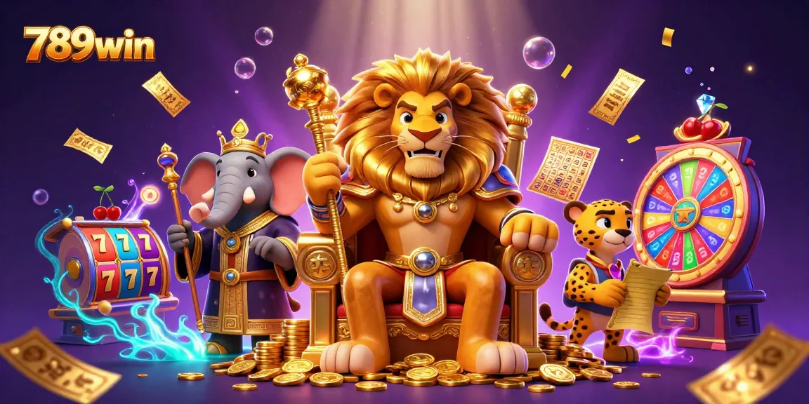 Experience thrilling action at 789win with an epic lion king and vibrant slot elements in a dazzling casino scene.