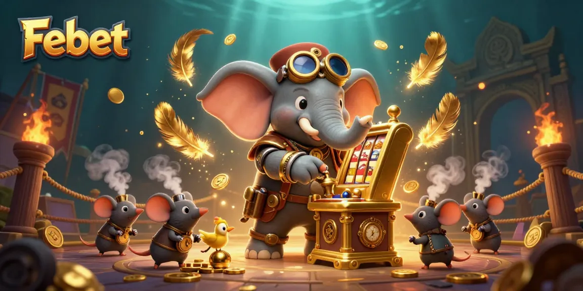 Engage with Febet's gaming adventure as the steampunk elephant spins the golden slot machine.