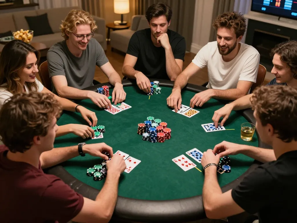 Amigos aproveitando uma noite emocionante de pôquer em casa, exibindo uma atmosfera de jogo empolgante com a 337bet.