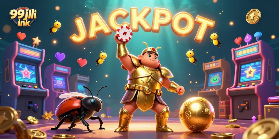 Engage with 99jili ink as you cheer a victorious beetle winning a poker chip in an exciting casino-themed illustration.