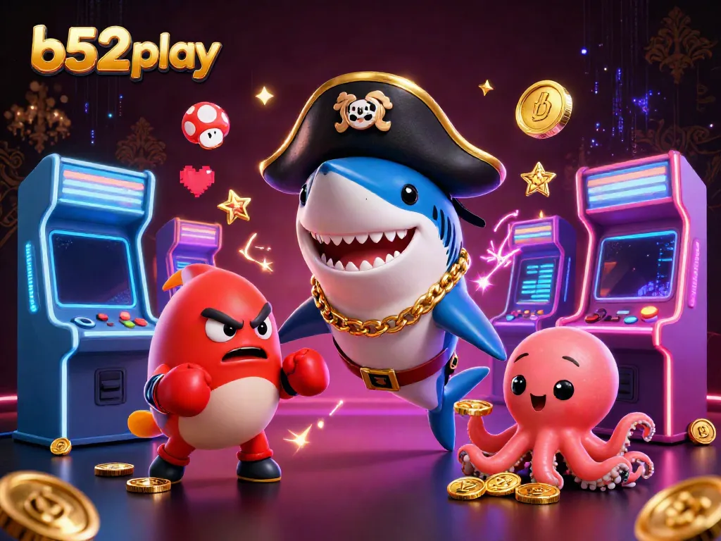 Engage with exciting b52 play features in this vibrant 3D illustration showcasing a pirate shark, pufferfish, and octopus with casino elements.