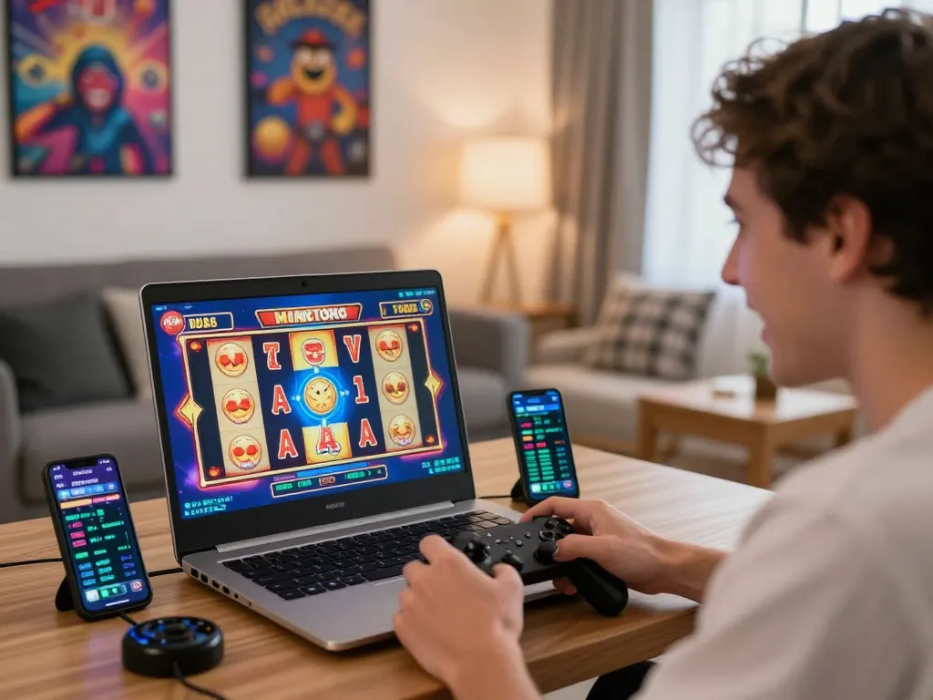 Player enjoying nk88 trang chủ gaming experience on laptop in a vibrant home casino environment