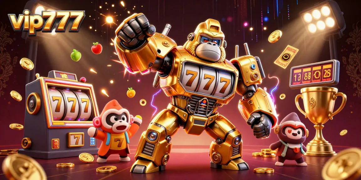 Experience the excitement of vip777 with an animated golden gorilla mech showcasing dynamic slot reels and thrilling casino elements.