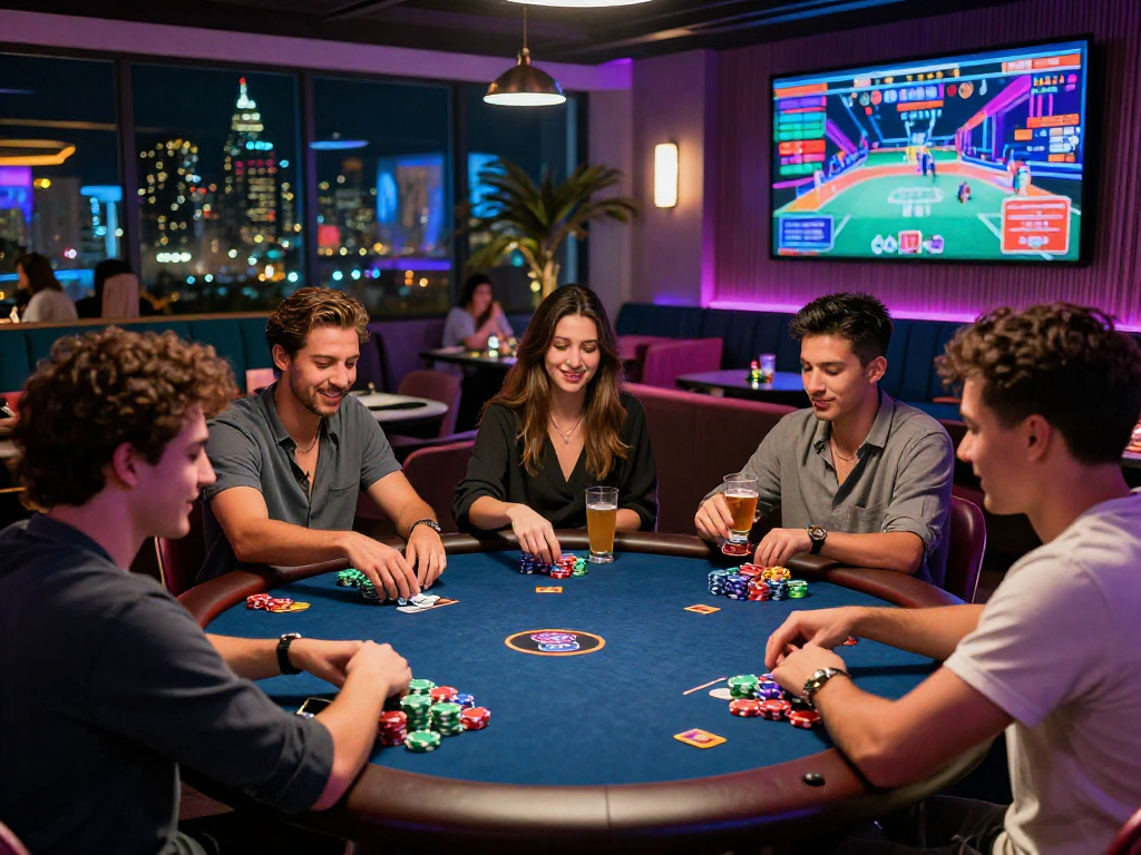 Exciting poker game at vin88 casino with friends enjoying a vibrant atmosphere.