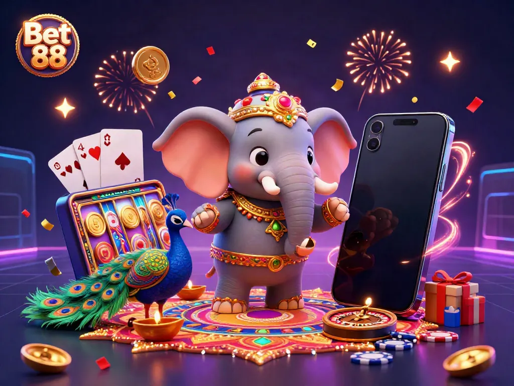 Experience the thrill of Bet 88 with vibrant casino illustrations of slots and festive characters.