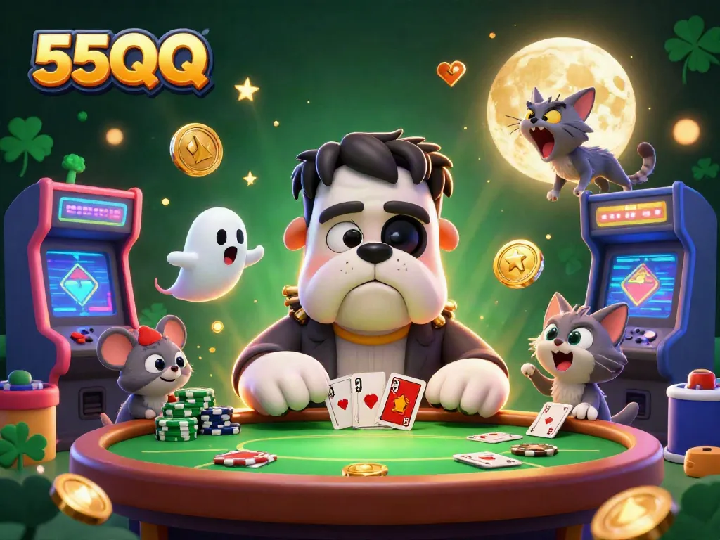 Engage with 55QQ's lively gaming scene featuring a monster dealer and colorful gaming elements.