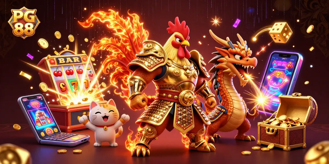 Experience thrilling action at PG 88 with a dynamic gaming scene featuring illustrated characters and casino elements.