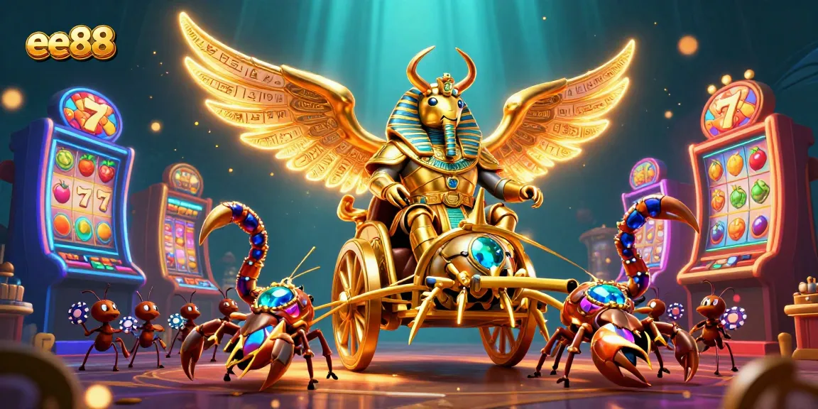 Join the thrilling action of ee88 with a golden scarab beetle amidst dynamic slot machines.