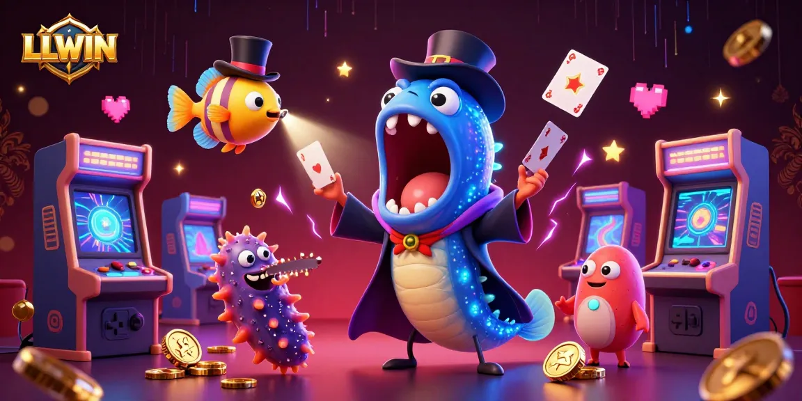 LLWIN showcases a bioluminescent eel performing card tricks in a vibrant casino scene, enhancing player engagement.