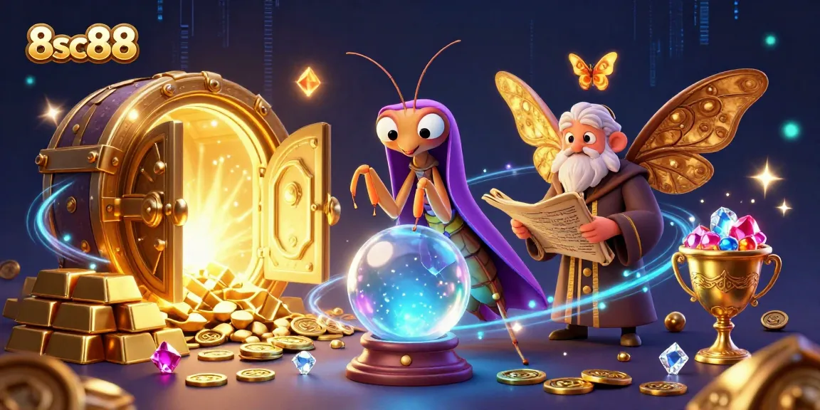 Experience the enchanting world of 8sc88 with a mystical fortune teller, gold treasures, and vibrant casino magic.