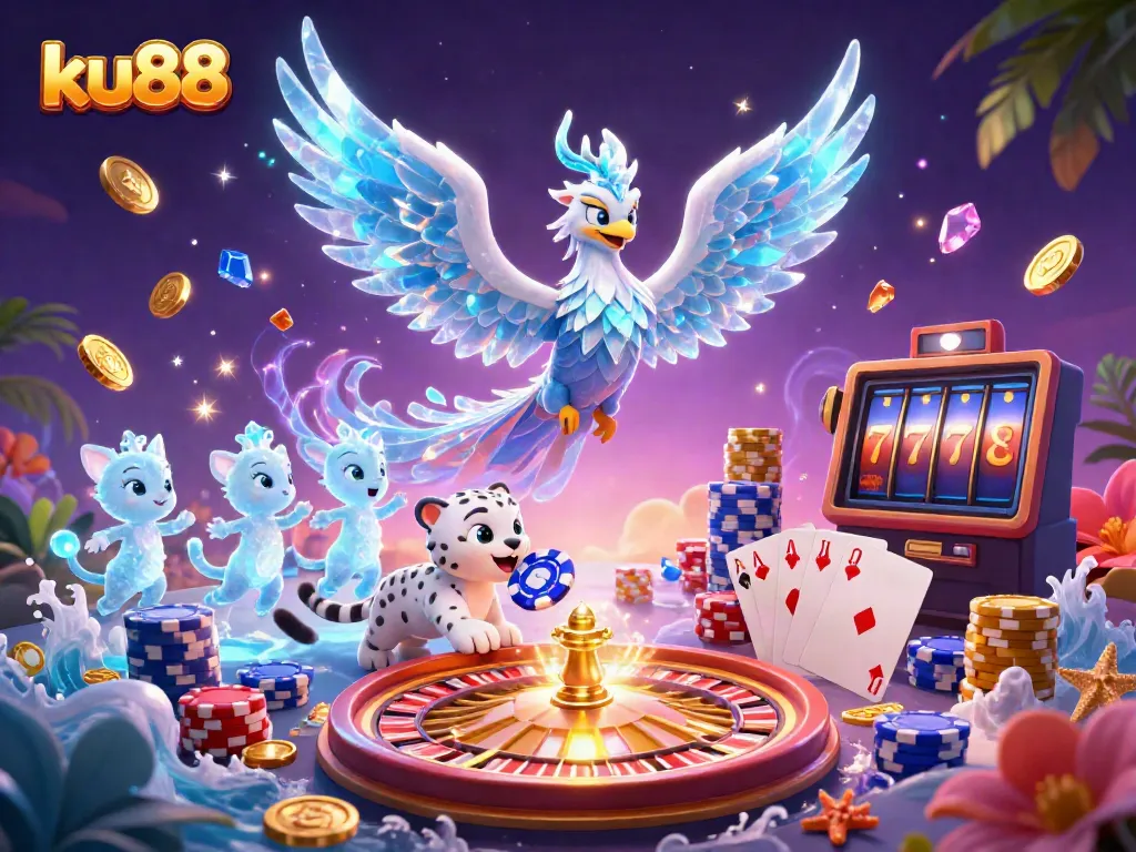 Experience vibrant gaming with ku88 featuring an ice phoenix, poker chip, and magical coins.