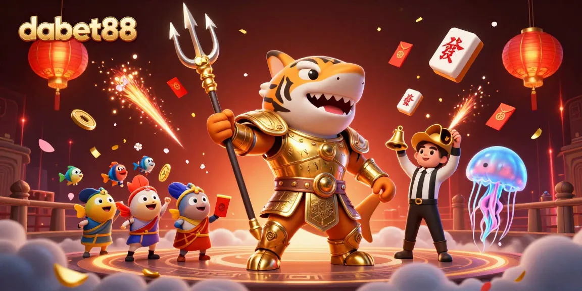 DABET88 features an underwater colosseum with a tiger shark in gladiator armor and festive elements creating a vibrant casino atmosphere.