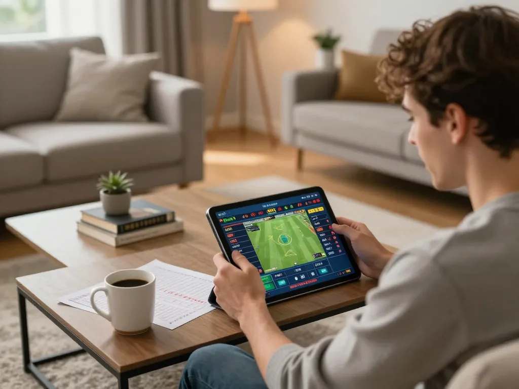 Socolive user excitedly placing bets while analyzing game stats on tablet at home.