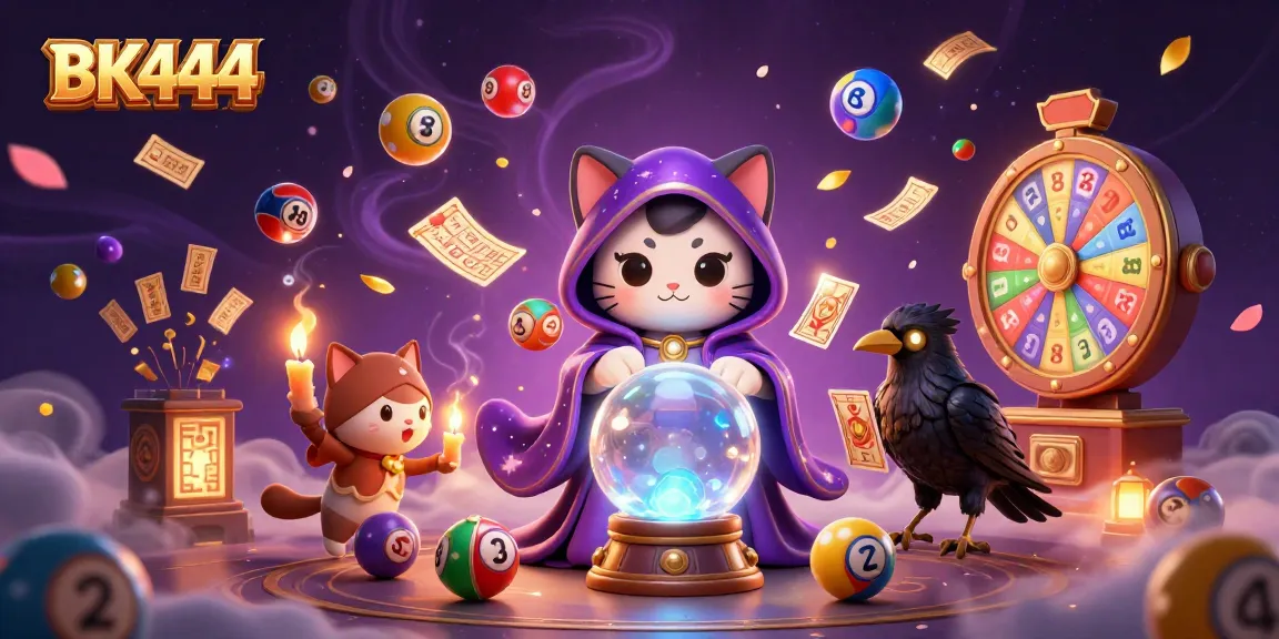 Engage with BK444's vibrant gaming scene featuring a mystic cat, raven, and casino elements.