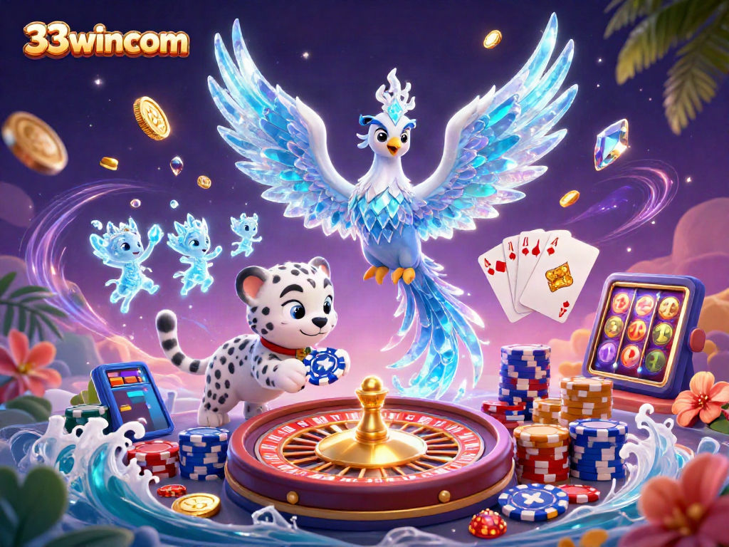33wincom showcases a vibrant fantasy casino scene with an ice phoenix and sparkling winnings.