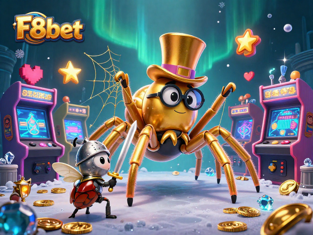 Engage with F8bet's vibrant casino world featuring golden motifs, arcade games, and dynamic characters.