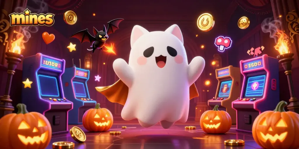 Engage with the exciting mines game atmosphere, featuring a ghost cat and vampire bat among vibrant casino elements.