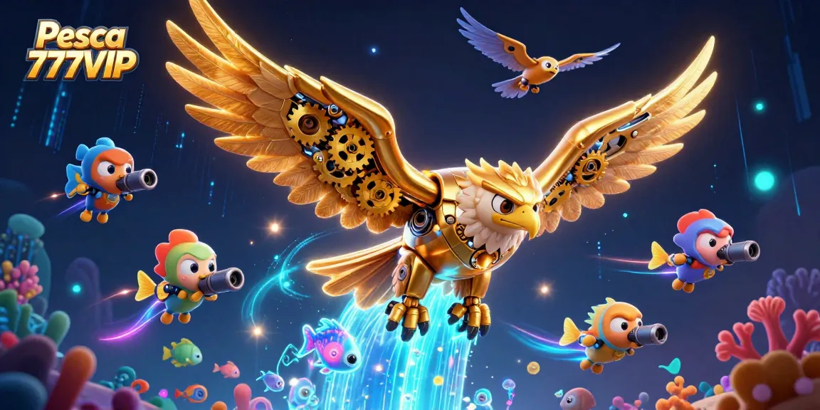 Pesca 777VIP showcases an adventurous scene with a cybernetic eagle diving through vibrant sea creatures while hunting for rewards.
