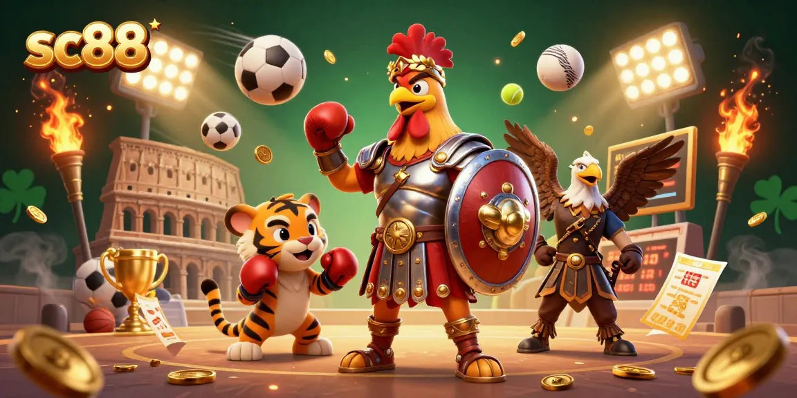 Engage with sc88's dynamic casino action featuring a gladiator rooster and sports betting elements.