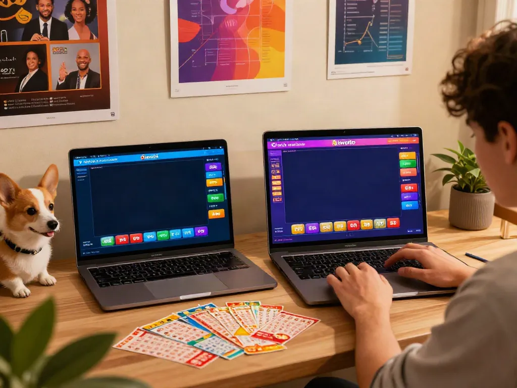 Jogador interagindo com Javatoto em um ambiente de jogo online, com bilhetes de loteria coloridos e um pet ao lado.