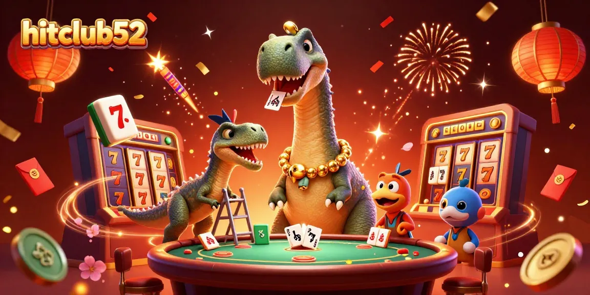 Engage with hitclub52 as a brontosaurus oversees thrilling slot action in this vibrant casino scene.