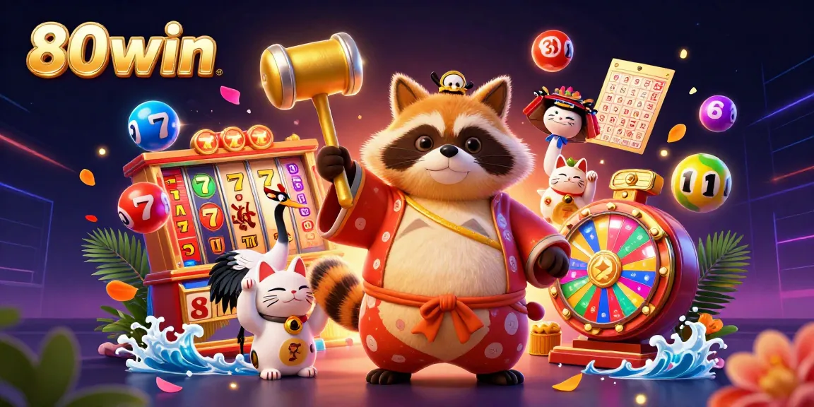 Bet on your luck with 80win's dynamic festive scene featuring whimsical characters and casino elements.