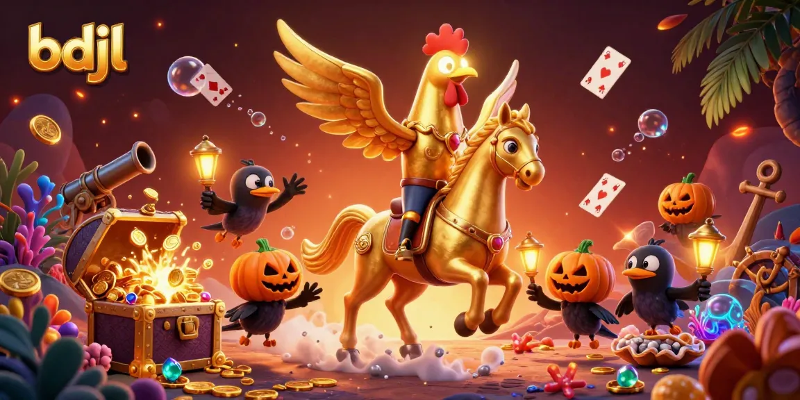 Experience exciting moments at bdjl with a vibrant casino scene featuring a golden rooster and magical companions.
