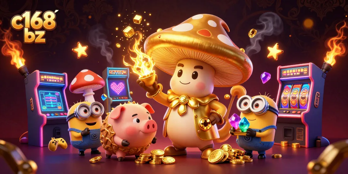 C168 bz players winning big at the casino, featuring gold, game elements, and a magical mushroom wizard.