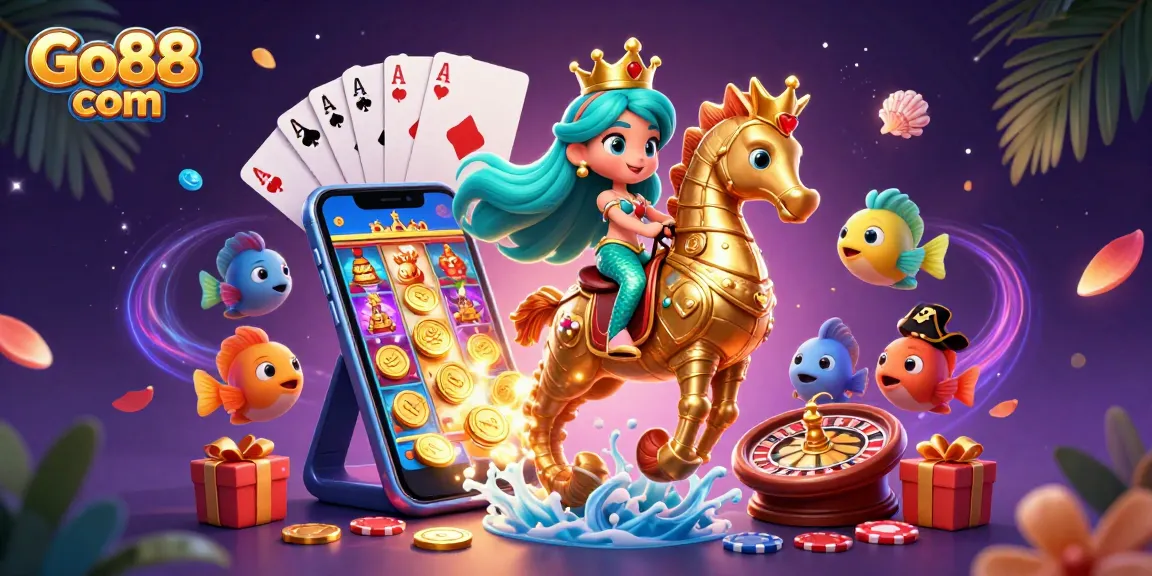 Spin to win with Go88 com in this vibrant 3D casino scene with colorful characters and dynamic game elements.